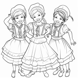 create a coloring page for   featuring our children who dance in traditional ukrainian attire the scene should include joyful and energetic boys dressed as cossacks and girls in beautiful ukrainian dresses