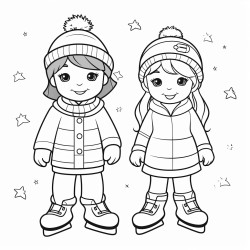 simple childrens coloring page with continuous thick lines and with no greyscale no background and no shading of 2 kawaii children ice skating on a frozen pond wearing santa hats