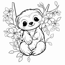 cute sloth hanging from a forest tree with flowers and butterflys