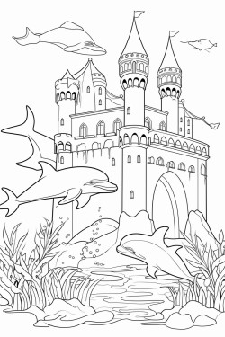 underwater castle and playful dolphins