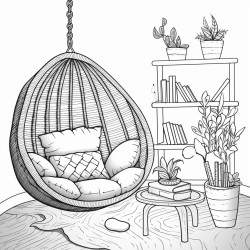 un coin lecture bohme avec un fauteuil en rotin suspendu coussins ethniques tapis marocains plantes