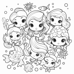 kawaii mermaids and sea creatures living in a deep ocean