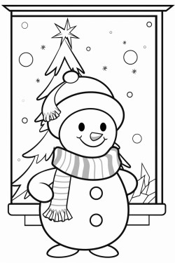 christmas snowman outside the window and behind the christmas tree