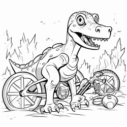 dinosaur next to crashed bicycle