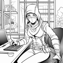 make a coloring page of a girl in an office being a ninja