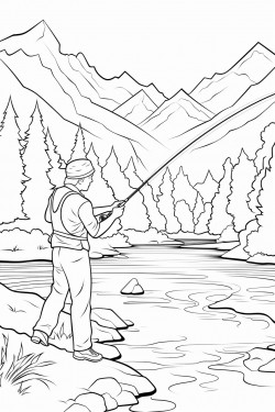a fly fisherman by a river with mountains