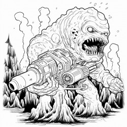 a monster made of lava shooting a lava minigun