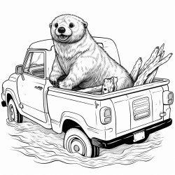 sea otter riding in the back of a pickup truck