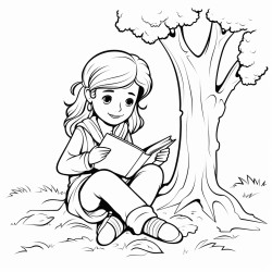 a young girl sitting under a tree reading a book
