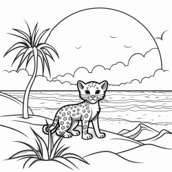sunset coluring page over the ocean with a cheetah on the beach with a palm tree