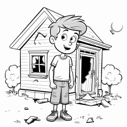 a young boy wearing a torn tshirt and baggy jeans standing outside a small brokendown house