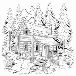 a cozy cabin in the forest coloring page