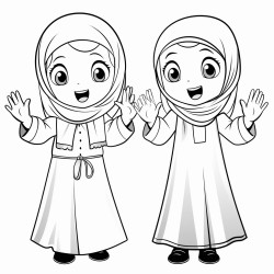 two little cartoon muslim girls wearing jilbab praying salah standing with hands raised up by ears