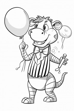 a dancing zebra holding balloons with a dancing alligator at a tea party in a simple coloring book style