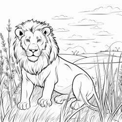 vibrant savannah scene around the lion  tall grass  sky