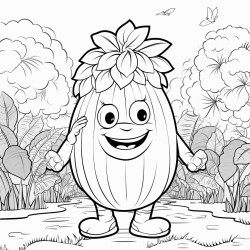 a cartoon character of a jackfruit with a face in a garden