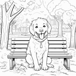 a smiling dog holding a piece of paper in the background a park with trees and a bench  autumn atmosphere