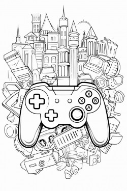 bw outline art for kids coloring book outline in bold black lines white background with gamer theme