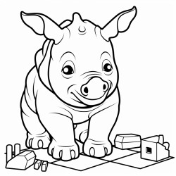 a happy young rhino playing with blocks on a preschool classroom rug