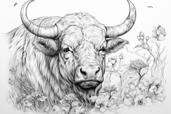 buffalo head with long horns and bird perched on horn