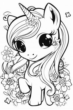 baby chibi unicorn with lots of flowers in a field