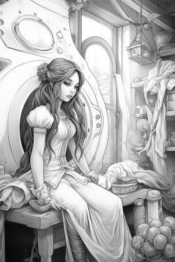 a girl fairy is doing laundry in a fantasy house