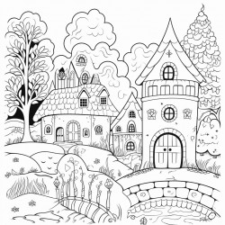 a whimsical village scene with charming houses and the enchanted forest in the background