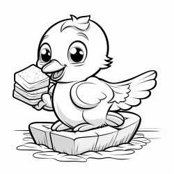 a bird in a boat eating a peanut butter sandwich