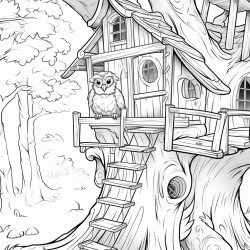 a extreme closeup of a wise old owl threequarter view to the left in a cozy treehouse interior