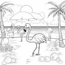 beach party with flamingo standing by and beach balls umberella