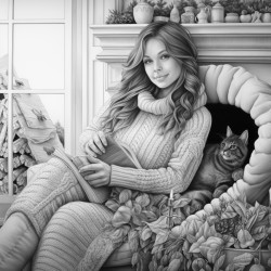 4a woman in a cozy chair by a fireplace a cat in her lap while she sips her tea