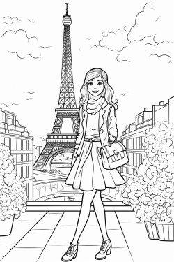a stylish girl in paris coloring page