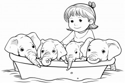 two elephants taking a bath and a girl watching them