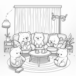 illustration a group of teddy bears sitting in a circle discussing their band plans with a teddy bear holding a notepad background a cozy living room with musical posters on the walls and a coffee table with snacks