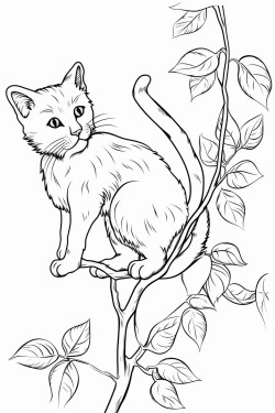 black cat climbing a tall leafy tree