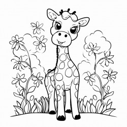 a giraffe in a garden with flowers