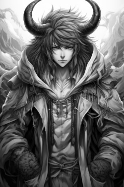 tiefling with hooves anime style with a long dress and a longer robe with a hood long wavy hair