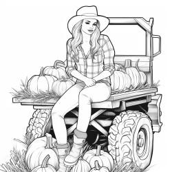 adult woman in jeans and check shirt sitting on a hay wagon which ist loaded with different pumpkins