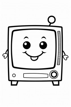 a cute tv with a happy face antennas and a small remote control next to it
