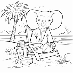 ein elefant trgt einen schwimmreifen und sitzt in einem klappstuhl am strand