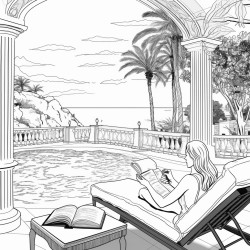 mediterranean beach house with a pool and an ocean view  a woman is reading amongst the foliage