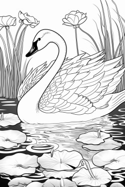 a swan gliding serenely across a peaceful pond surrounded by intricate lily pads and dragonflies