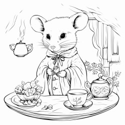 cottage core ghost drinking tea with a mouse