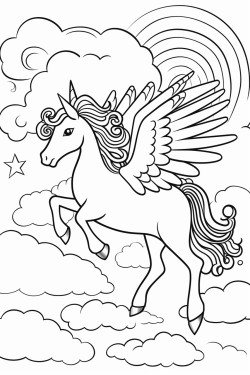 winged unicorn riding a rainbow and clouds