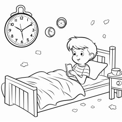 a 3 year old boy sleeping on his bed and there is clock on wall where time is 10 pm keep less details regarding room