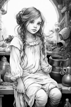 a little girl fairy is doing laundry in a fantasy house