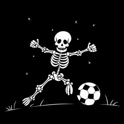 skeleton playing soccer at night black and white