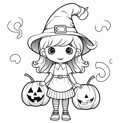 girl with a pumpkin head and witch hat