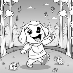 a dog dancing in the forest with music notes