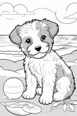 fluffy puppy at the beach playing with a ball
